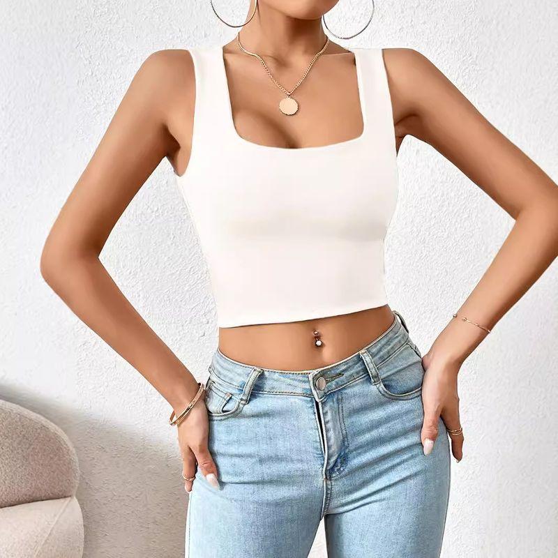 

Solid Color Square Neck Sleeveless Top Solid Color Square Collar Slim Fit Sleeveless Top Female White XL