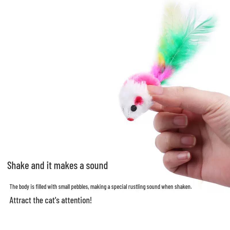Scratch & Bite-Resistant Cat Teaser Plush Mouse with Colorful Feathers - Interactive Self-Play Toy