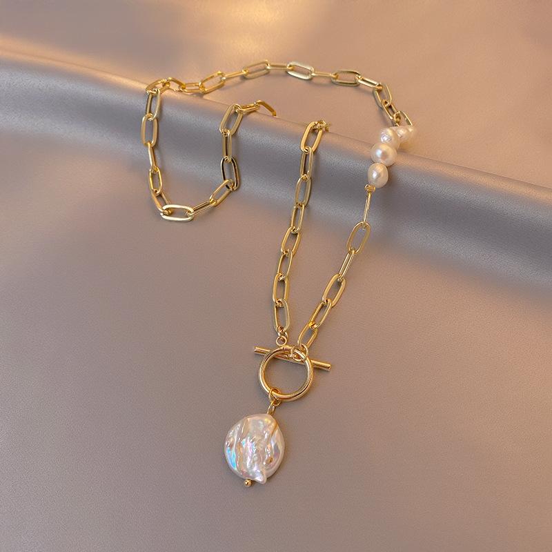 Барокко Специальной Формы Пресноводная Жемчужная Дисковая Цепочка Женская Металлическая Цепочка Сращивание Неправильный Жемчуг Застежка-ОТ Цепочка на Ключицы