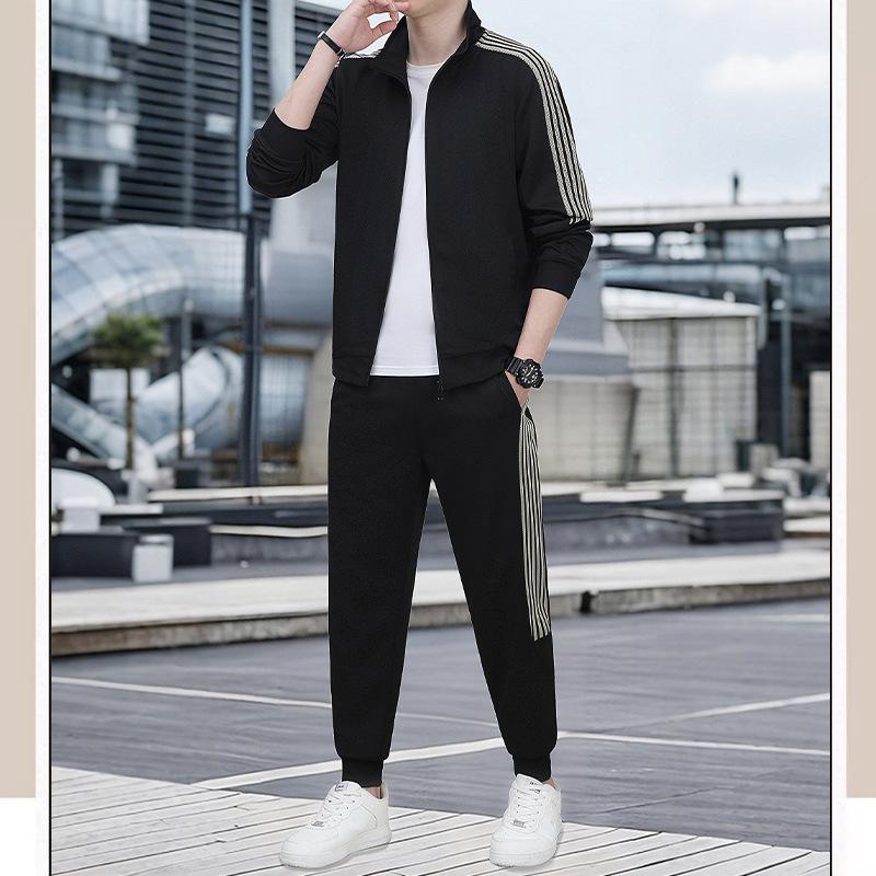 

Весенне-осенний спортивный костюм мужской повседневный костюм мужской кардиган со стойкой воротником длинные брюки костюм мужской костюм для бега с длинным рукавом комплект из двух предметов M чёрный
