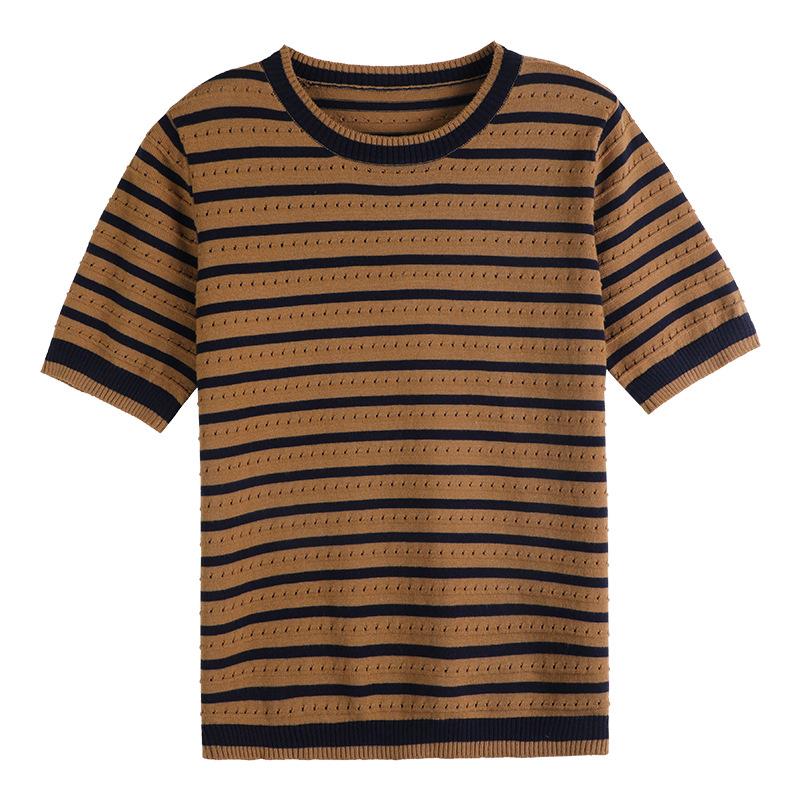 Crew Neck Striped Cotton Short-sleeved Women's Summertime Bottoming Shirt Relaxed Fit Versatile Cotton Thread T-shirt