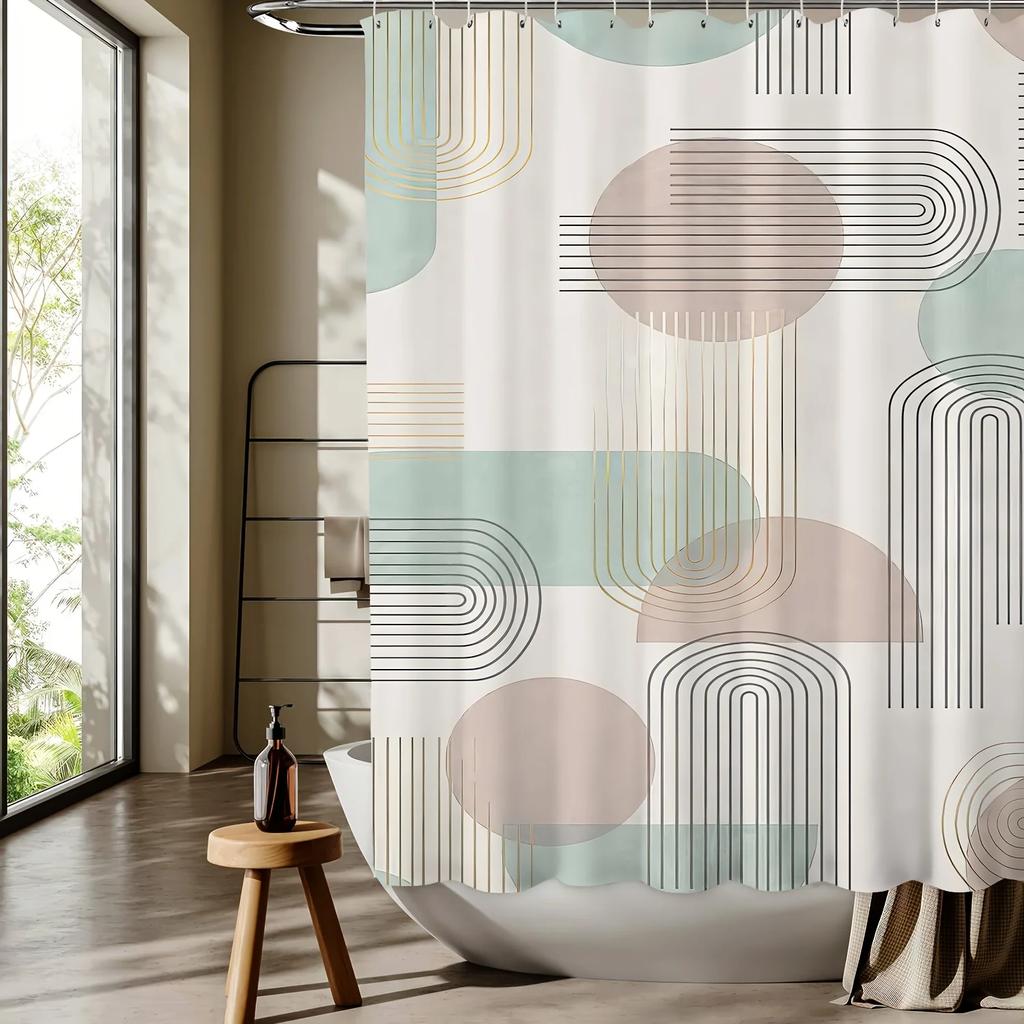 1 Elegant Geometric Print Shower Curtain - Light Beige with Soft Circles and Lines, Polyester Machine Washable, Hook Included