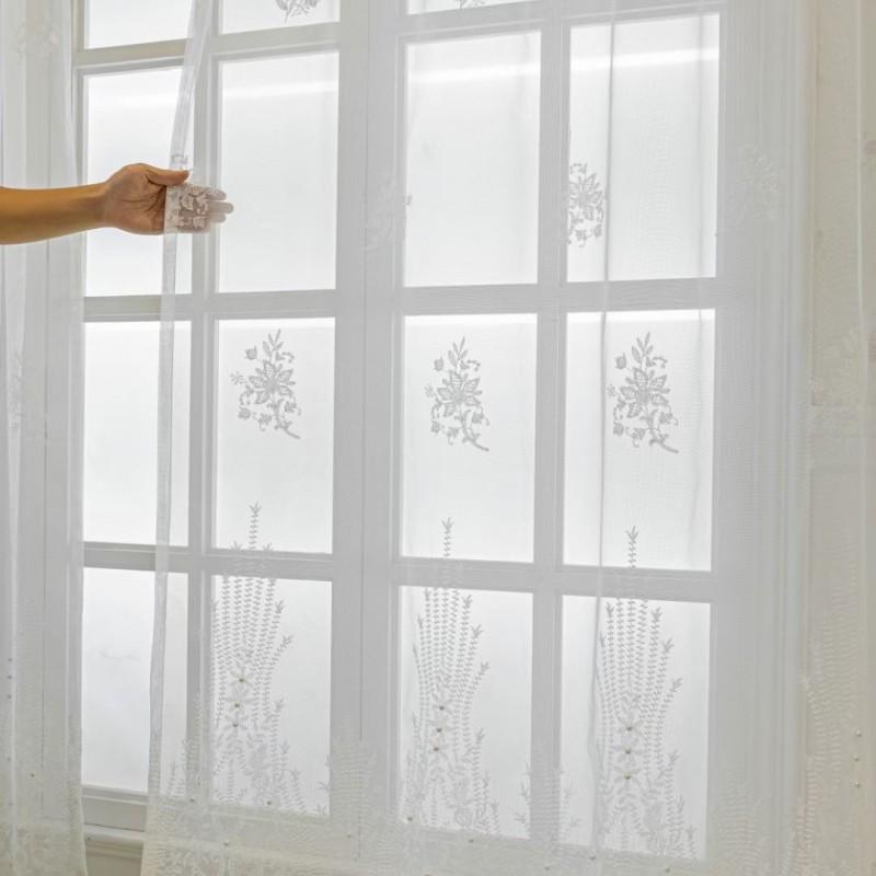 White Sheer Lace Curtain With Embroidery Beading Semi-Sheer Living Room Bedroom Window Drapery