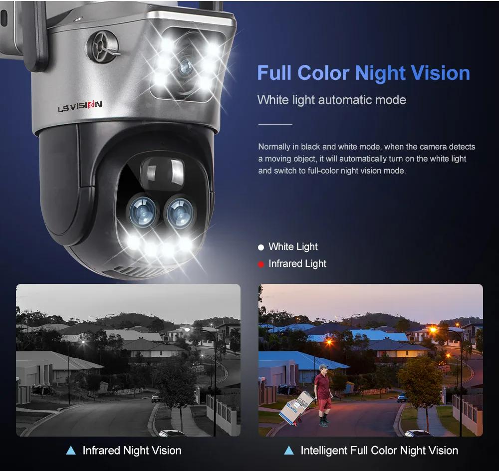 LS VISION Dual Screen WIFI Or 4G SIM Solar Camera 10X Zoom Outdoor Cameras With Light Alarm Auto Tracking PTZ CCTV Cameras IP66