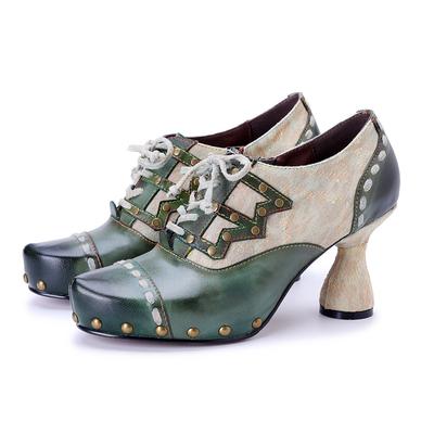 Handmade Genuine Leather Pumps Retro Splicing Rivet High Heels Women's Shoes