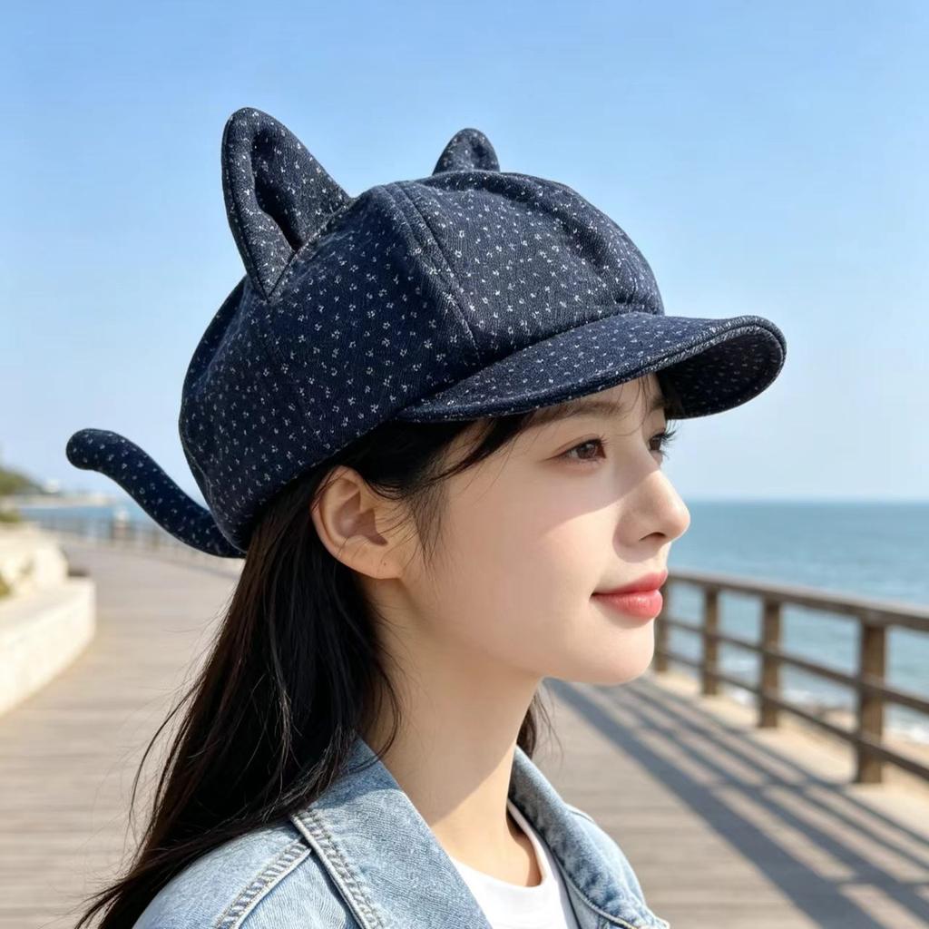 Sweet and cute cat ears beret female spring and autumn polka dot lace octagonal hat cute face little painter hat