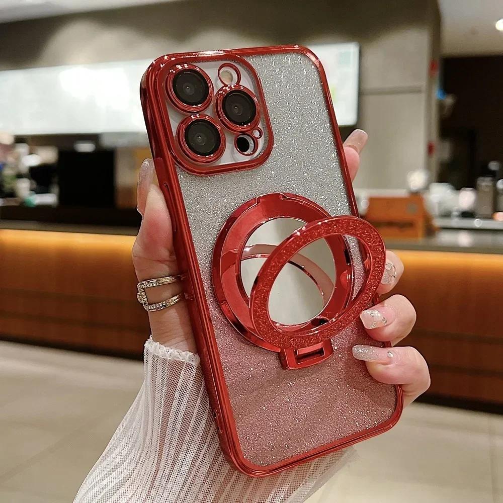 

for Magsafe Glitter Mirror Gradient Case for iPhone 15 14 13 11 12 16 17 Pro Max Air Xr Xs 16 Plus Bracket Stand Make Up Cover for iPhone 17