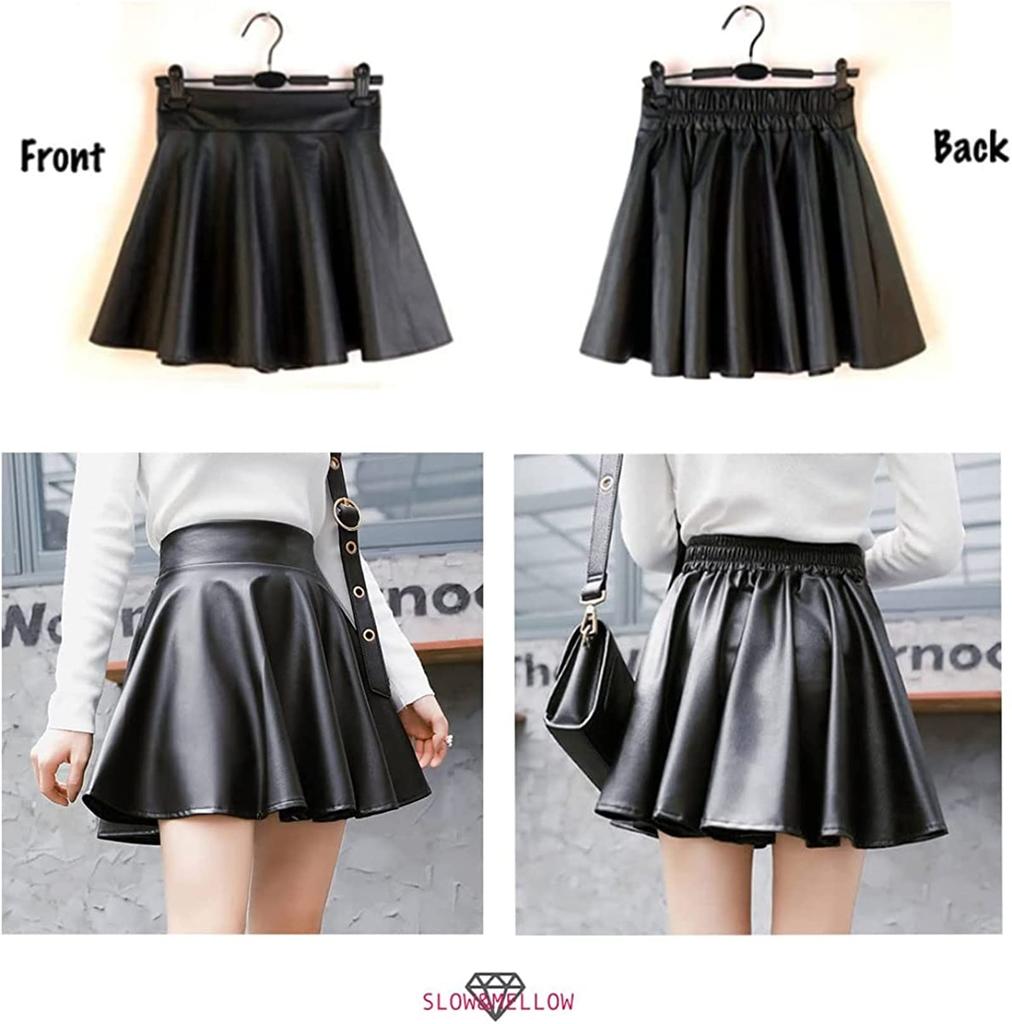 flared mini skirt with an silhouette and elastic and flattering leg lengthening Available in sizes Made of PU this skirt features and ruffles in