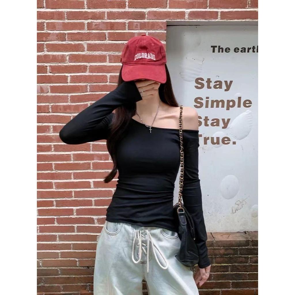 Hong Kong Style One-Shoulder Long-Sleeve Solid Color Slim Fit Chic Women's Top for Spring & Autumn