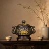 Lidded Copper Scent Burner Peony Motif Mythical Bird Embossed Floral