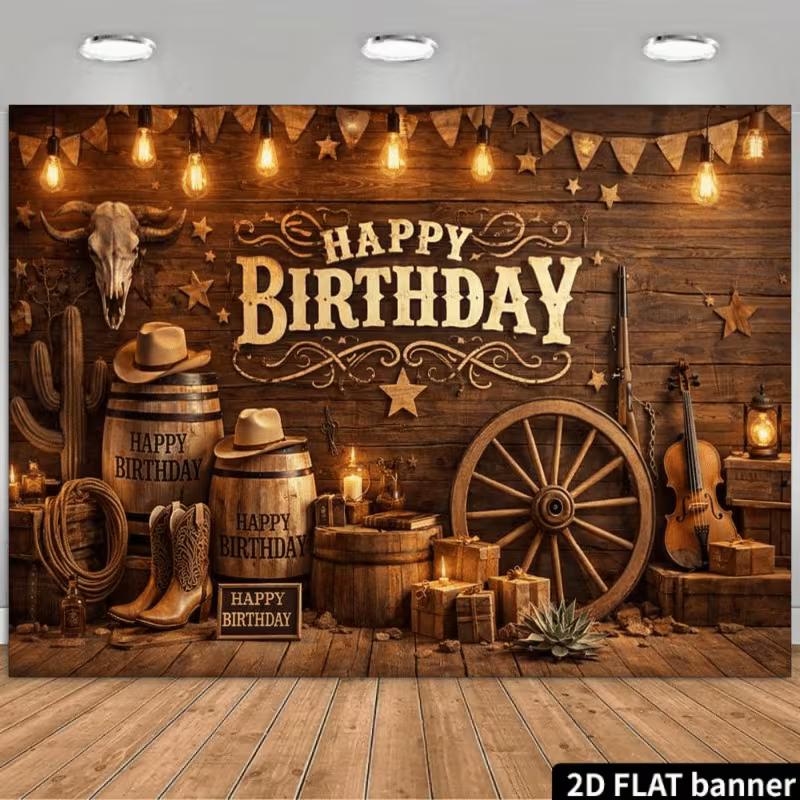 

2D Happy Birthday Western Cowboy Backdrop Wooden Background 47.2x31.5inch/120*80cm