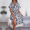 Summer Women Lace Up Leopard Print Loose Single Breasted Shirt Dress
