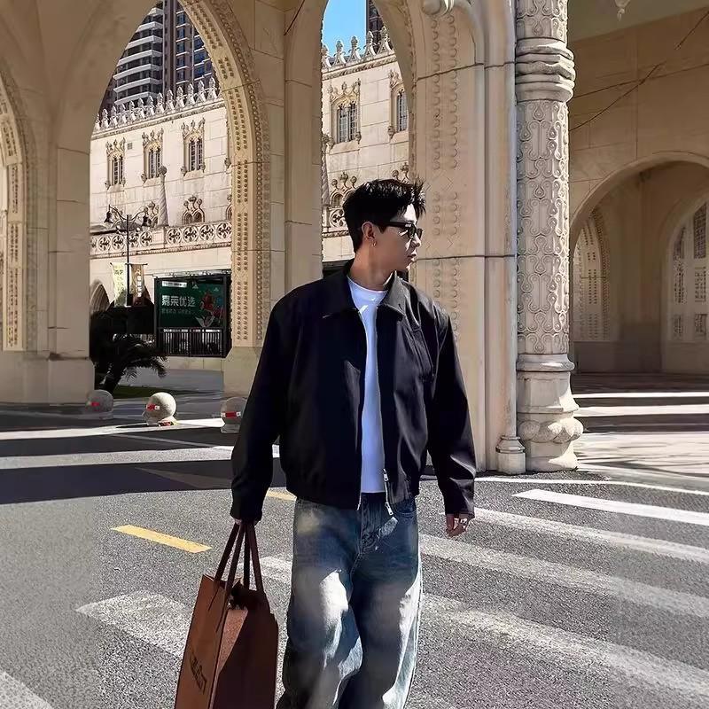 Mens Harrington Jacket Minimalist Style Casual Loose Fit Aviator Coat Solid Color
