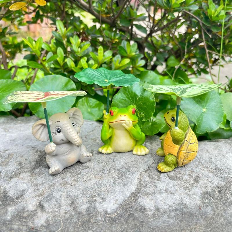 Cute Animal Figurines Set With Umbrella-Elephant,Turtle,Frog Garden Ornaments, Whimsical Desk Decor For Aquarium&Home Decor Gift