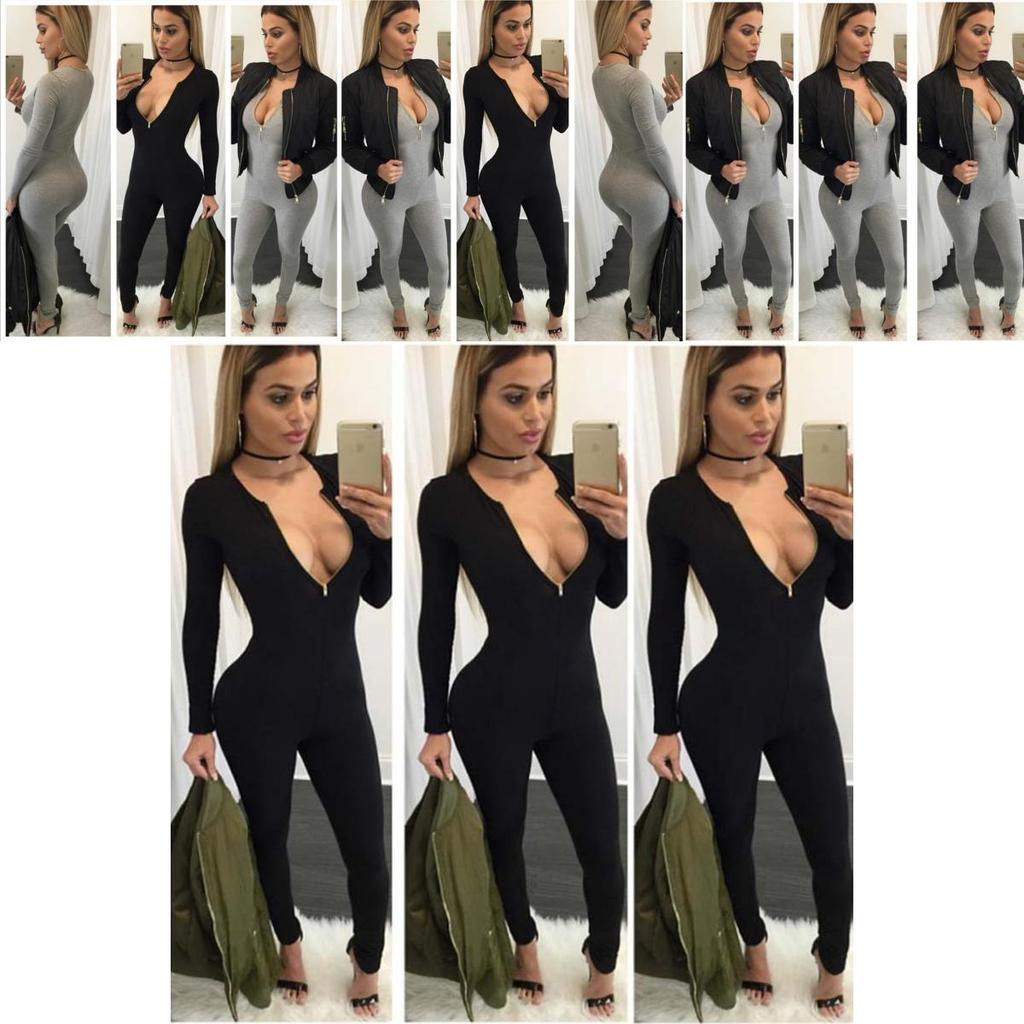 Hochwertiger Damen Reißverschluss Overall Bandage Bodycon Jumpsuit Clubwear Langarm Romper