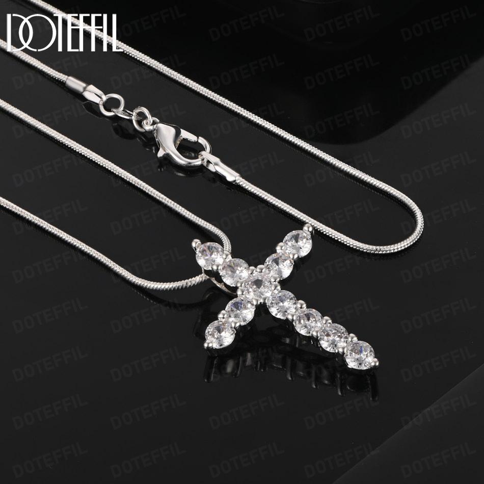 925 Sterling Silver Cross AAA Zircon Pendant Necklace Fashion Jewelry