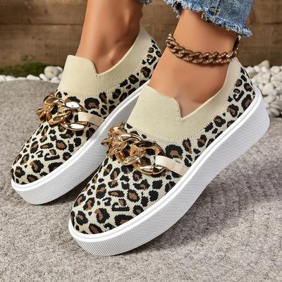 Tênis femininos de corrente de metal, sapatos baixos de malha para mulheres, mocassins de plataforma respiráveis, leopardo, slip-on, sapatos casuais de malha para mulheres