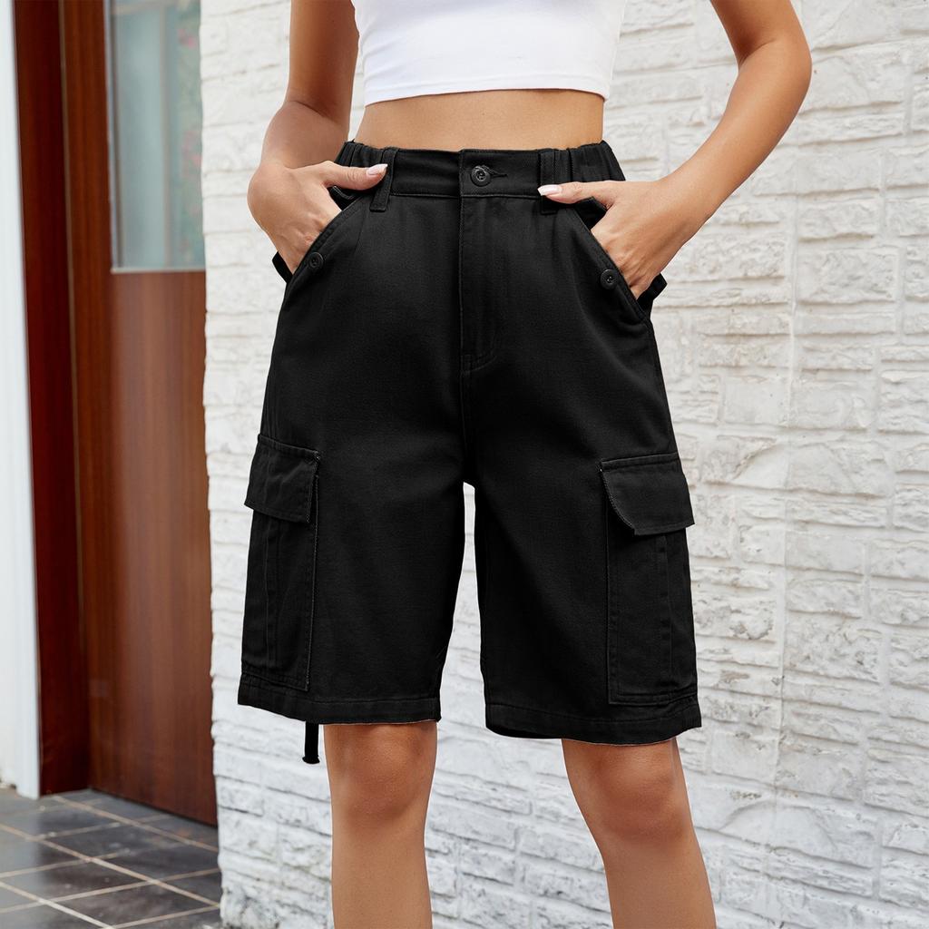 Women's Fashionable Workwear Shorts Solid Color Pocket Button Elastic Waist Casual Five Quarter Pants