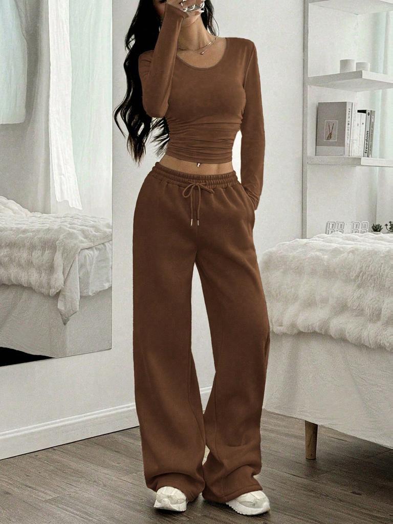 Women's Fashion Casual Wide Leg Pants Long Sleeve Crew Neck Solid Color Slim Fit Two Piece Set Autumn Winter Outfit
