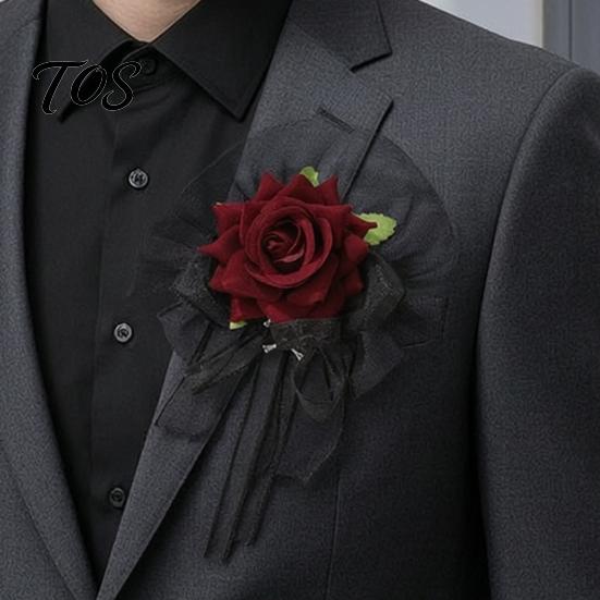 Formal Suit Dress Floral Decor Black Burgundy Rose Tulle Mesh Corsage for Bridal Groom, Gothic Retro Style Wedding Guest Boutonniere Artificial Flower