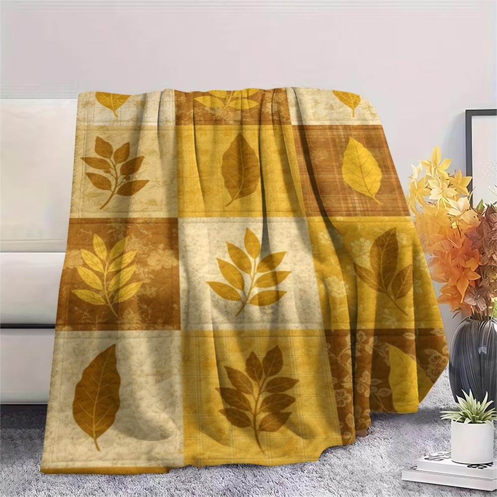 1Pc Patchwork Leaf Print Flannel Blanket, High quality Comfortable for All Seasons, Home Decor, Warmth and Comfort, Perfect for Christmas Gifts68