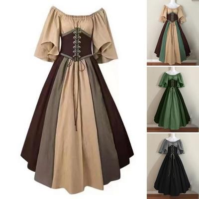 Vinatge Women Dress Flying Sleeve Contrasting Color A-line Big Hem Slim Waist Pleated Lace-up Strap Medieval Halloween Party Cosplay Costume Dress