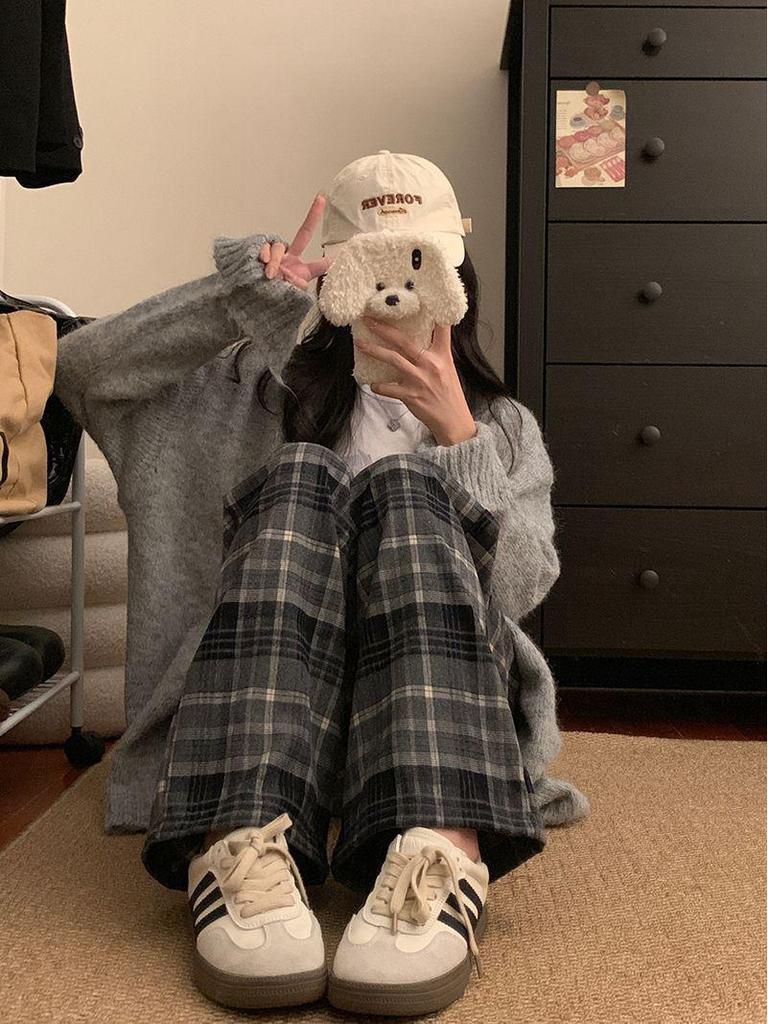 Women's Korean Style High Waist Plaid Wide Leg Pants - Retro, Loose, and Slimming for Spring & Autumn