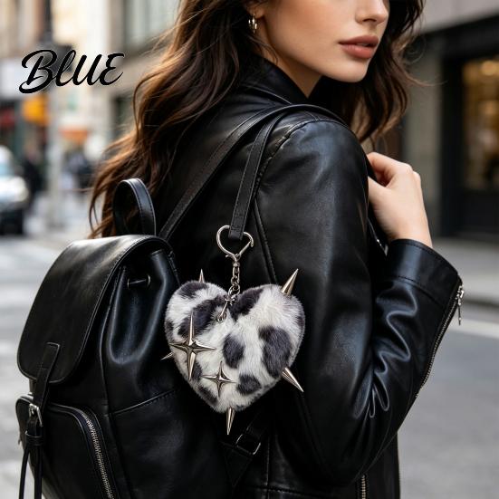 Bag Accessory Plush Leopard Love Heart Keychain Stuffed Keyring Pendant with Metal Star Punk Backpacks Decorative Keychain