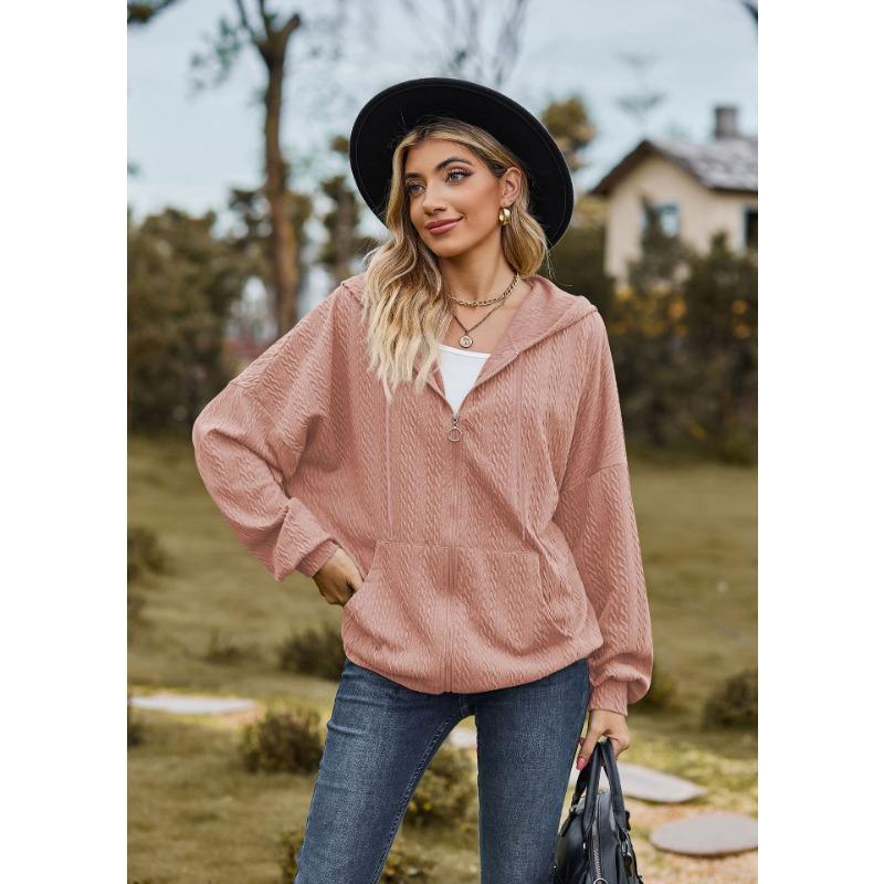 Solid Color Pocket Long Sleeve Loose Hooded Zip Up Cardigan Sweatshirt For Women