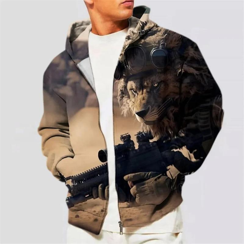 Fashionable Men's Hoodie Autumn/Winter Beast Series 3D Digital Printed Casual Men's Long Sleeve Zipper Hoodie