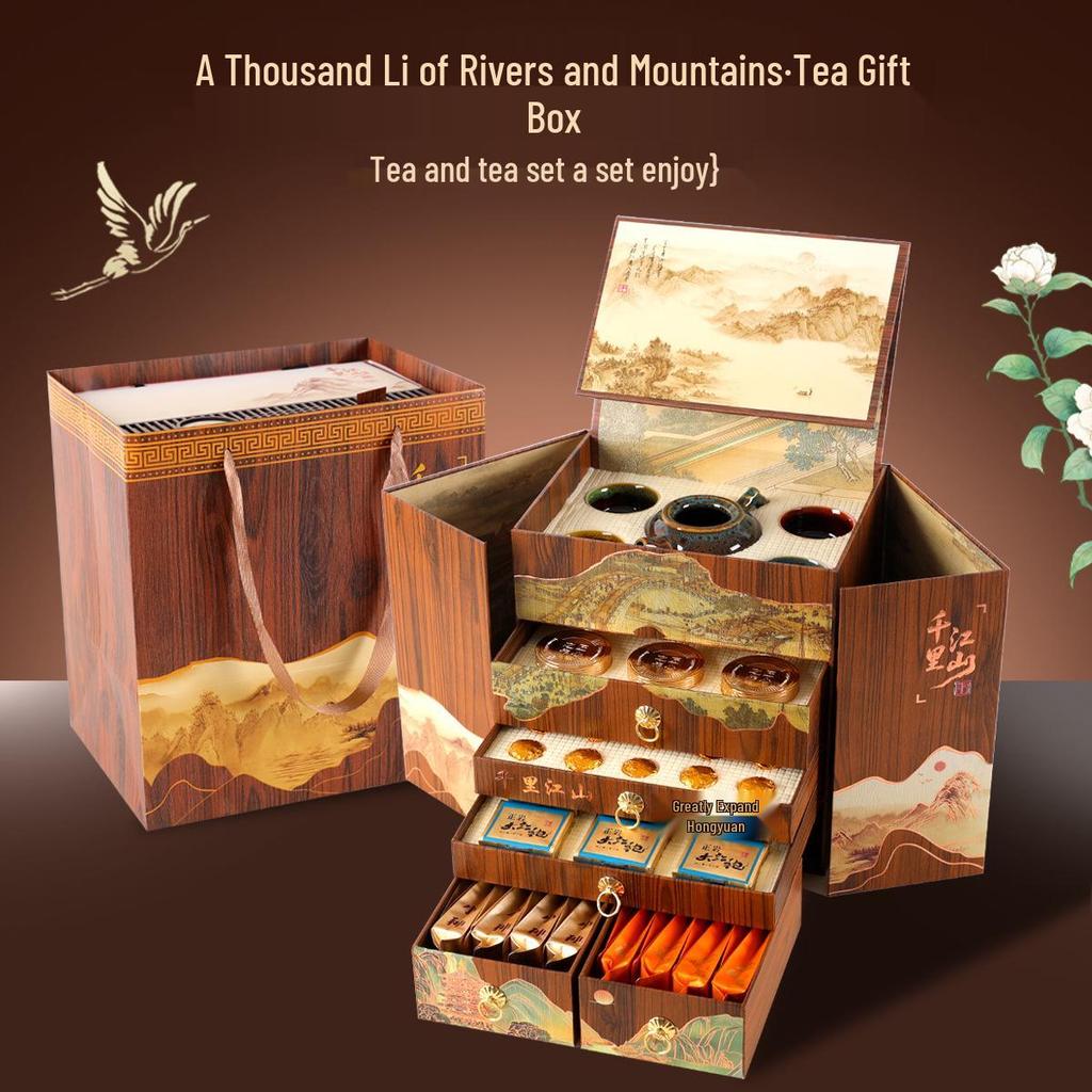 Premium Tea Gift Box: Oolong, Black, Pu-erh & Jasmine - A Thousand Li of Rivers and Mountains Collection