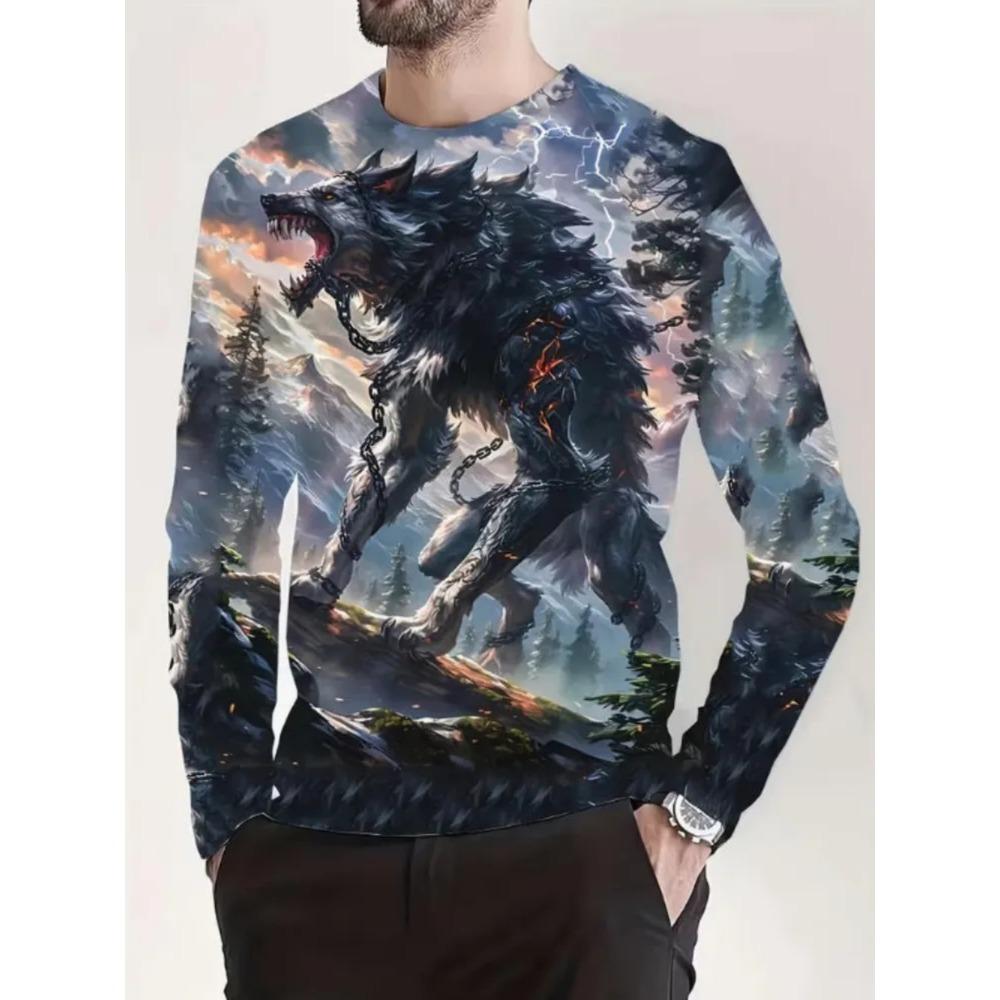 Autumn Round Neck Fashionable Versatile Leisure 3D Long Sleeved T-shirt Fun Skull Animal Printed T-shirt Men Loose Large T-shirt