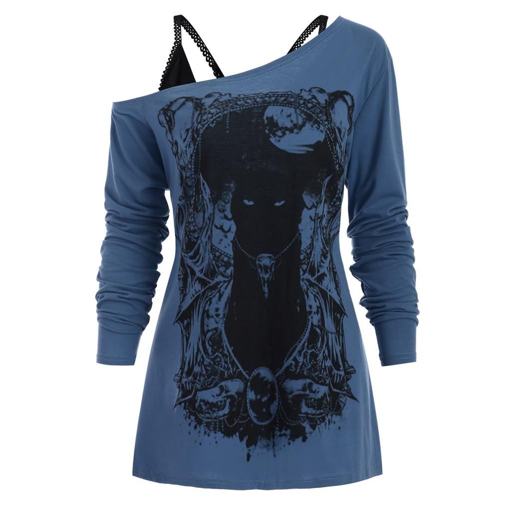Fashion Women Skew Neck Cold Shoulder Cat  Print Gothic Tee With Cami Top