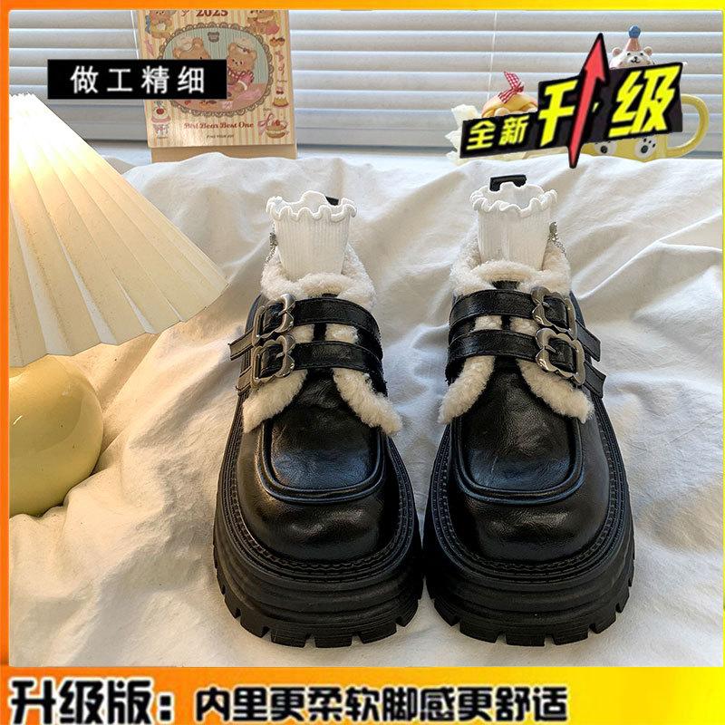 Leather velvet loafers cotton shoes children's shoes versatile autumn and winter new thick-soled fluffy Mary Jane small leather shoes