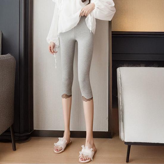 Women Cropped Leggings Elastic Tight Fit High Waist Lace Splice