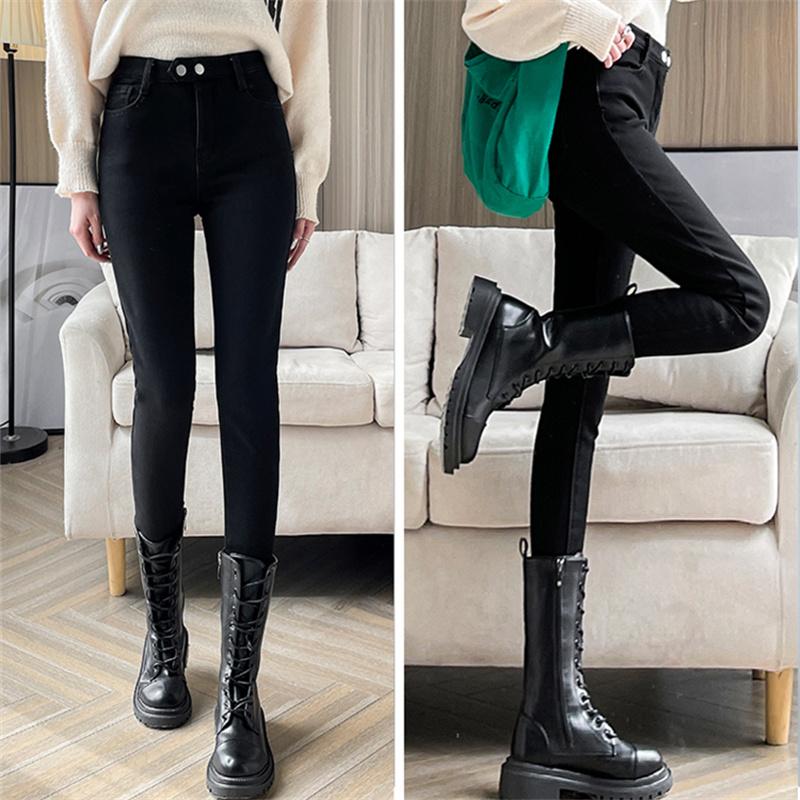 Autumn Winter Fashion Women Vintage Harajuku Jeans Fleece High Waist Casual Thicken Warm Elasticity Slim Skinny Jeans Streetwear
