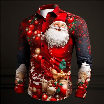 Fashion Christmas Themed 3D Printed Men's Casual Long Sleeve Shirt Street Wear Party Size Shirt Santa Claus Hot Sale