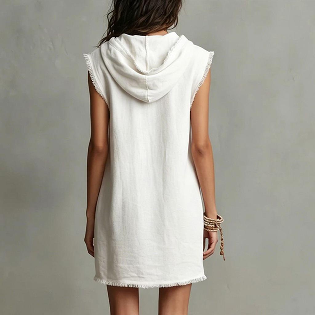 Women's Sleeveless Hooded Dress with Hem - Short Casual Summer Dress for Everyday Wear, Color Options