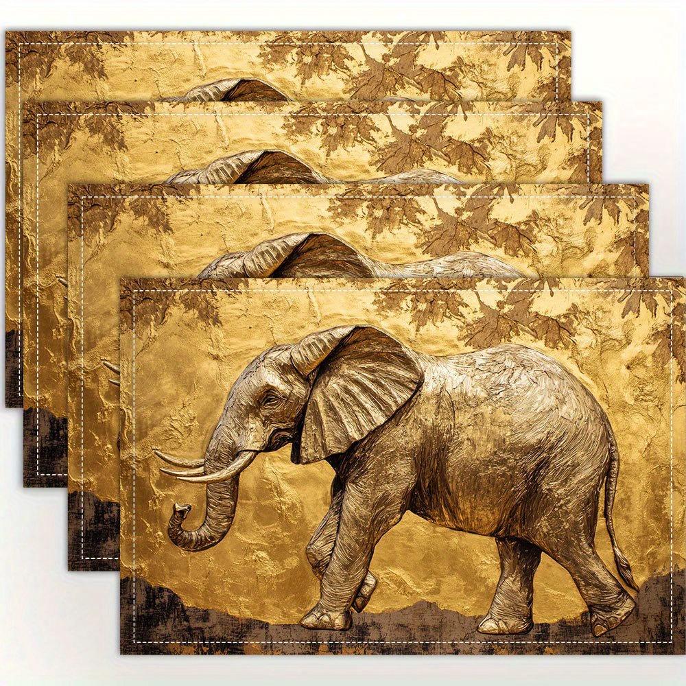 

Linen placemats with a gold elephant pattern. Floral design, perfect for restaurant, kitchen, and party decor. 4Pcs-30X45cm(12X18in