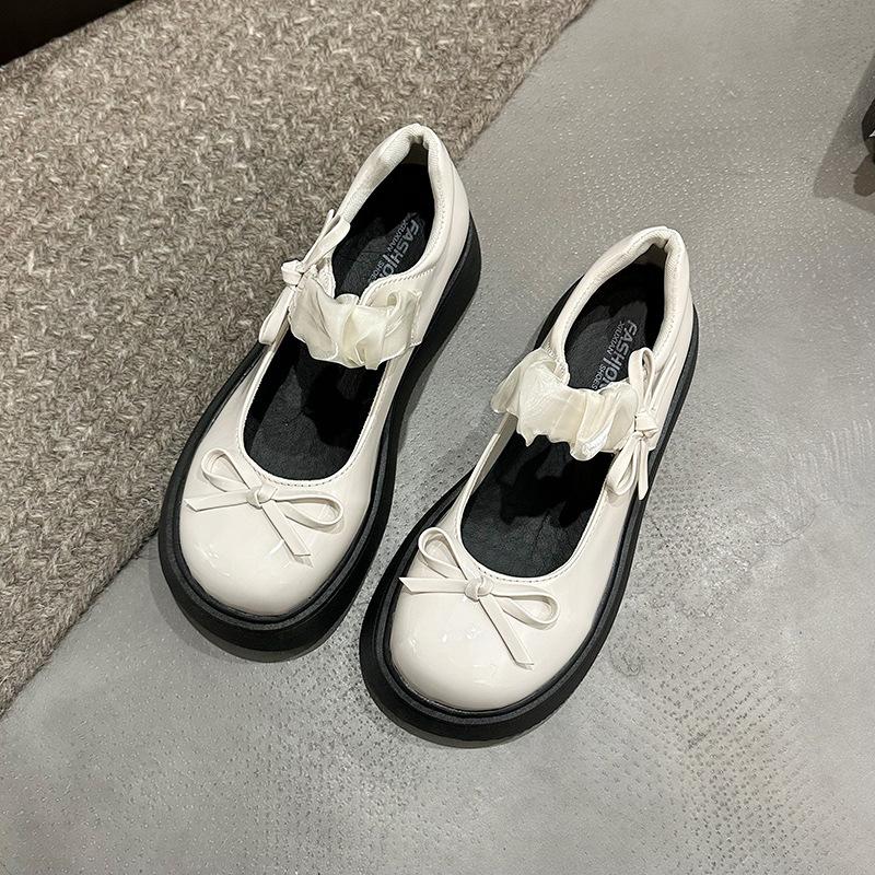 

Модные туфли-лодочки на толстой подошве с бантом для женщин, новинка лета 2025 года, увеличивающие рост, во французском стиле, под юбку, маленькие кожаные туфли Мэри Джейн 40 бежевый