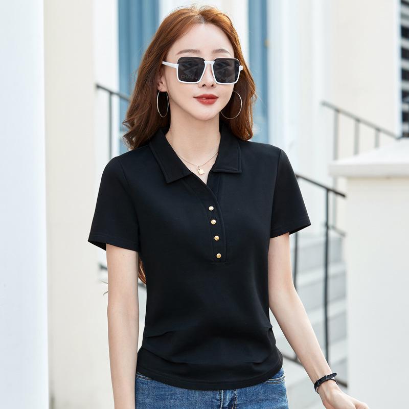 Women's Solid Color Polo Collar Short Sleeve T-shirt - Summer 2026 Fashion Casual Top