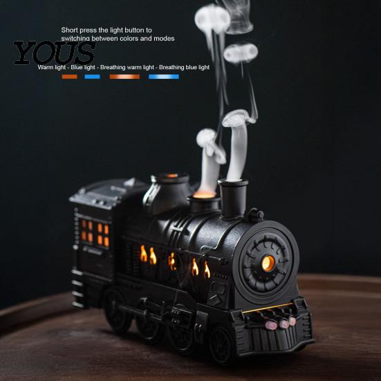 Macchina per Aromaterapia a Nebbia Fredda Silenziosa 300ml Diffusore d'Aroma Treno Vintage, Umidificatore Locomotiva a Vapore con Telecomando & Umidificatore d'Aria LED per