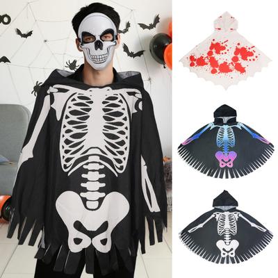 Halloween Skeleton Poncho Hooded Skeleton Cape Halloween Party Costume Cosplay Outfit for Kids Adults