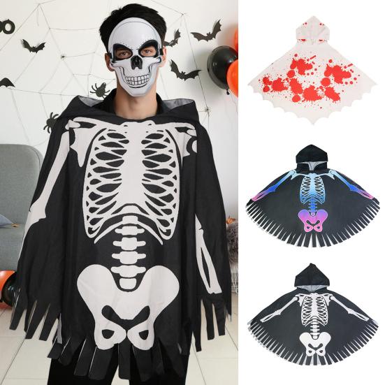 Halloween Skeleton Poncho Hooded Skeleton Cape Halloween Party Costume Cosplay Outfit for Kids Adults