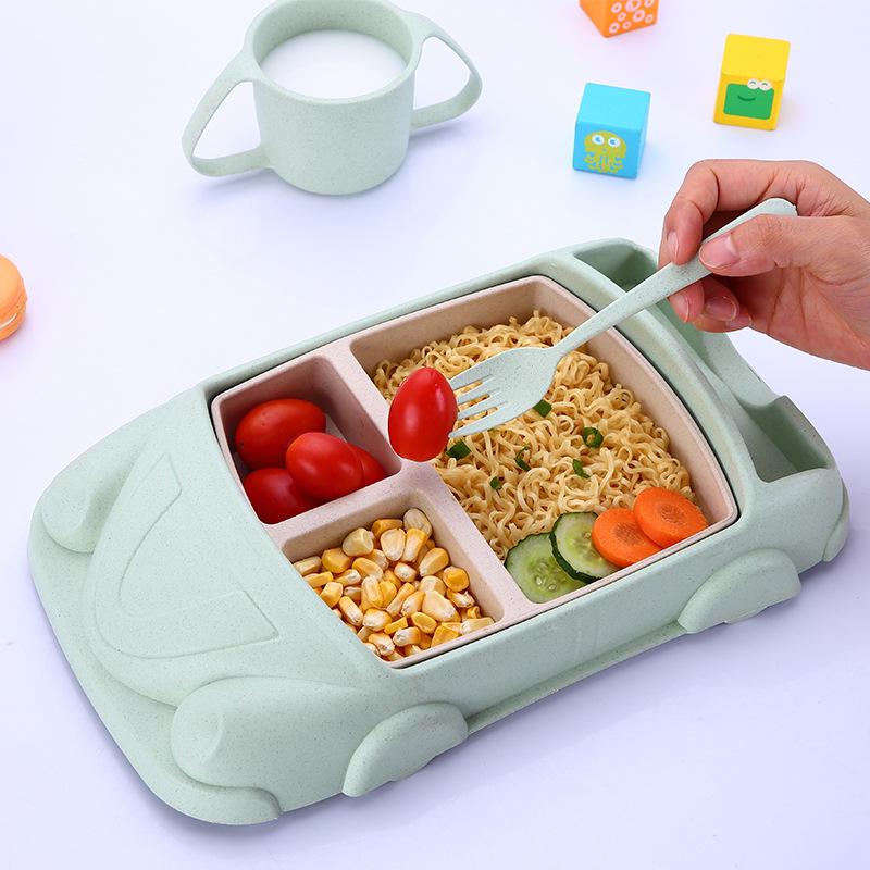 Wheat Cartoon Car Kids' Tableware Set: Divided Plate, Chopsticks, Fork, Spoon, Cup.