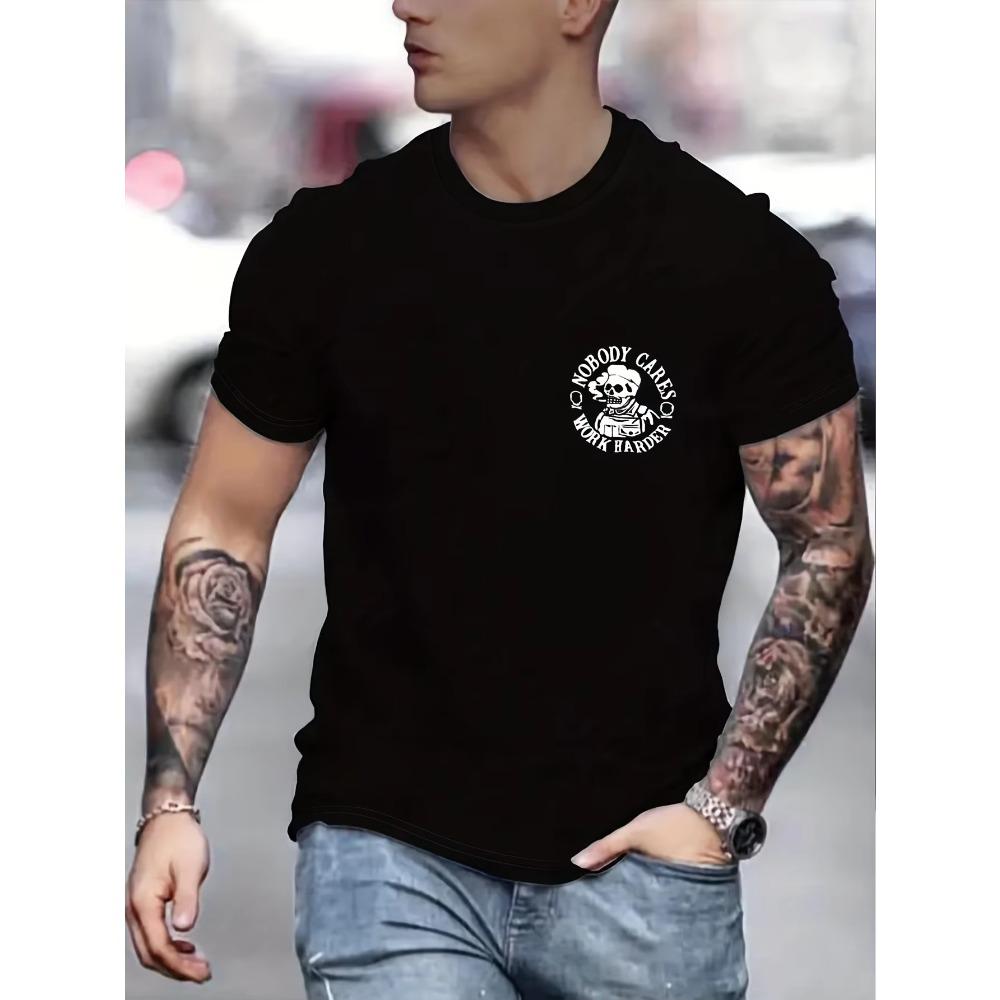 Men'sSkull Graphic T-Shirt - Casual Black  Tee with White Print, Short Sleeves, Round Neck for All Seasons