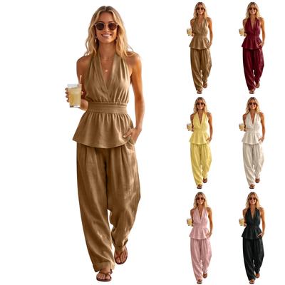 Women's Fashion Sleeveless Tank Top, High Waist, Loose Casual, Wide Leg Pants, Two Piece Set