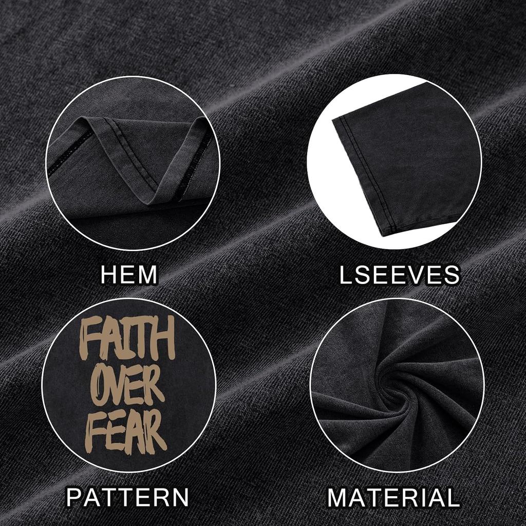 Christian Shirts for Men Faith Over Fear Shirt Jesus Religious Tshirt Oversized Graphic Tees Acid Wash God T-Shirt