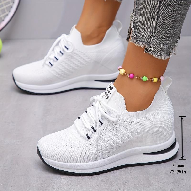 Big Yards Within The High Women's Shoes 2025 Summer New Casual Lace Thick Bottom Slope with Flyknit Mesh Shoes Female