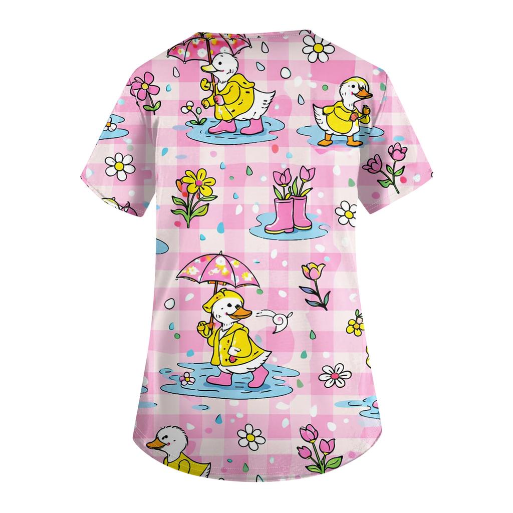 Women's Casual Short-Sleeve Cute Animal Print V-Neck Pocket Workwear Top